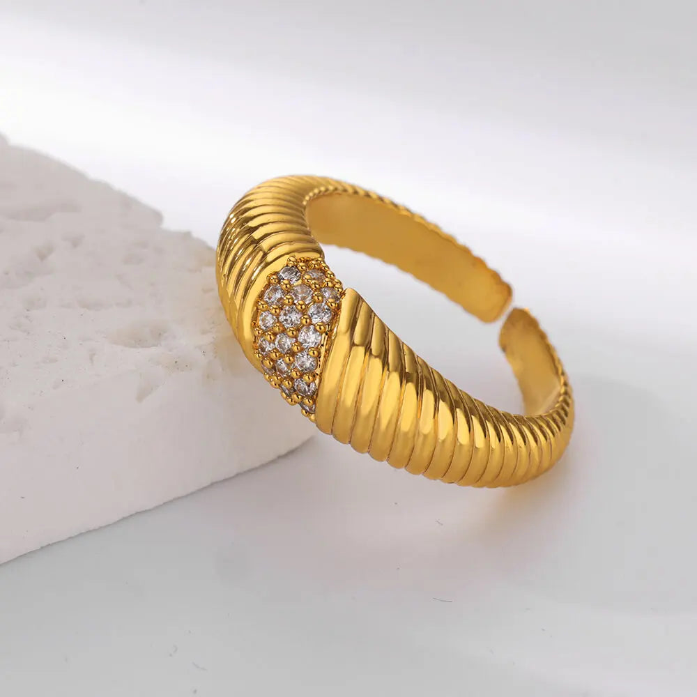 Zircon Textured Croissant Rings For Women Stainless Steel Gold Color Wedding Couple Ring Aesthetic Vintage Jewelry Gift